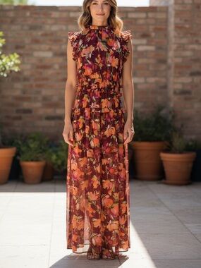 Vince Camuto Floral Maxi Dress Size 8 NWT Wine Ruffle Tiered Sleeveless